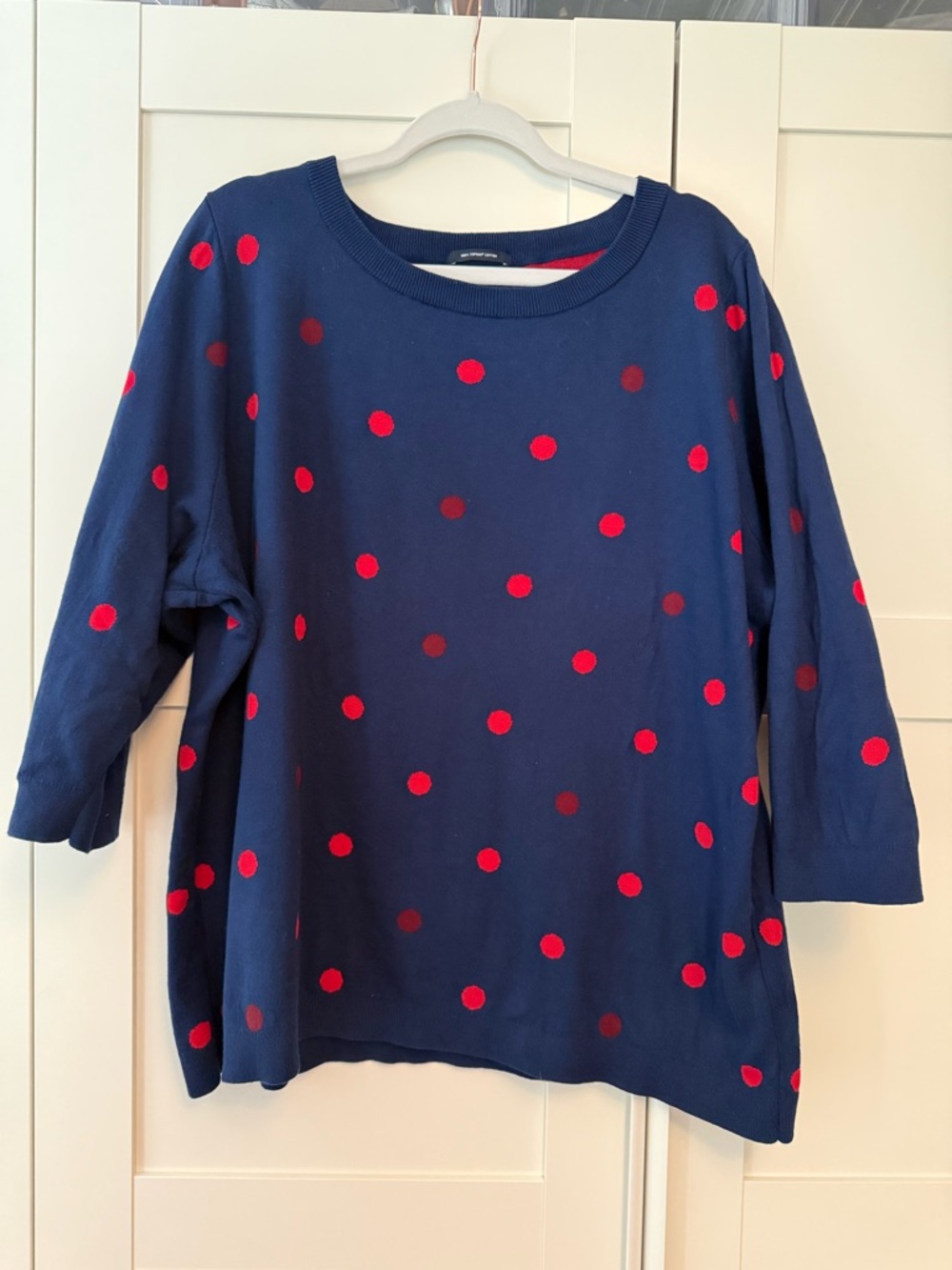 Lands' End Navy Blue 3/4 Sleeve Sweater with Red Polka Dots, 3X
